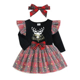 Baby Girl Reindeer Print Plaid Stitching Stars Tulle Dress