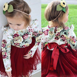 Girls Long Sleeve Flower Tulle Bow Christmas Flower Dresses