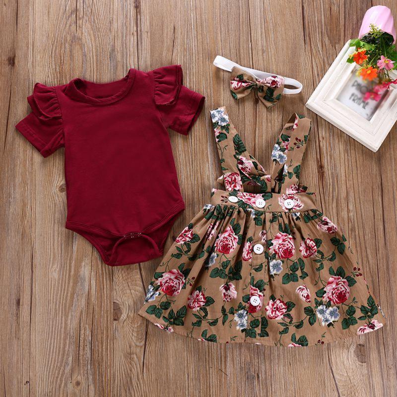 Baby Girl O-Neck Short Sleeve Ruffle Floral Suspender 2 Pcs Sets