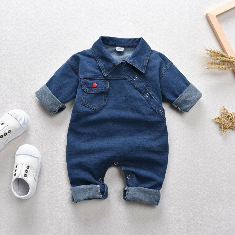 Baby Boy Girl Long Sleeve Denim Jumpsuit Oblique Romper