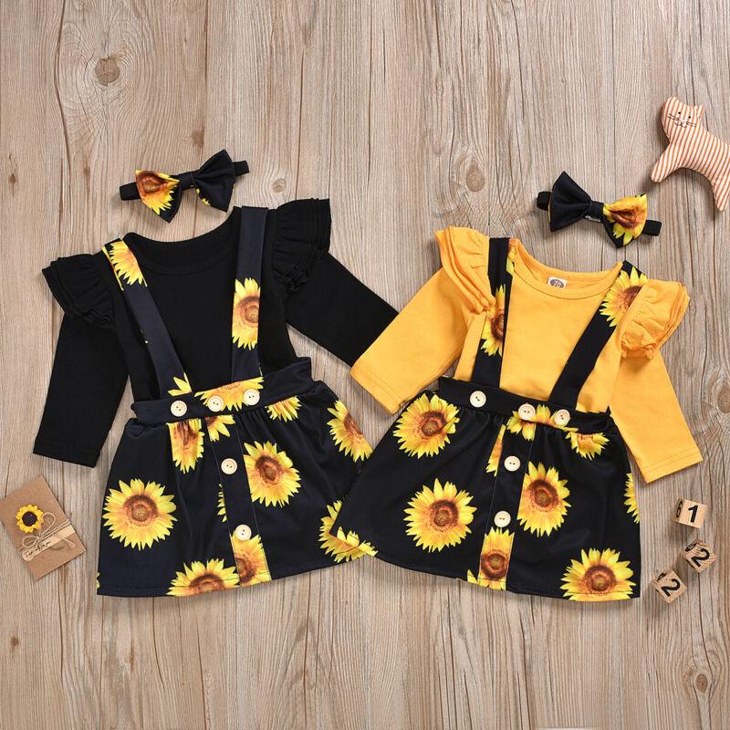 Baby Girls Ruffle Long Sleeve Sunflower Suspender 3 Pcs Set
