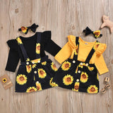Baby Girls Ruffle Long Sleeve Sunflower Suspender 3 Pcs Set