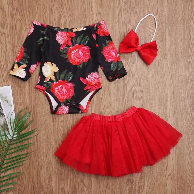 Newborn Baby Girl Flower Print Off Shoulder Valentine Sets 3 Pcs