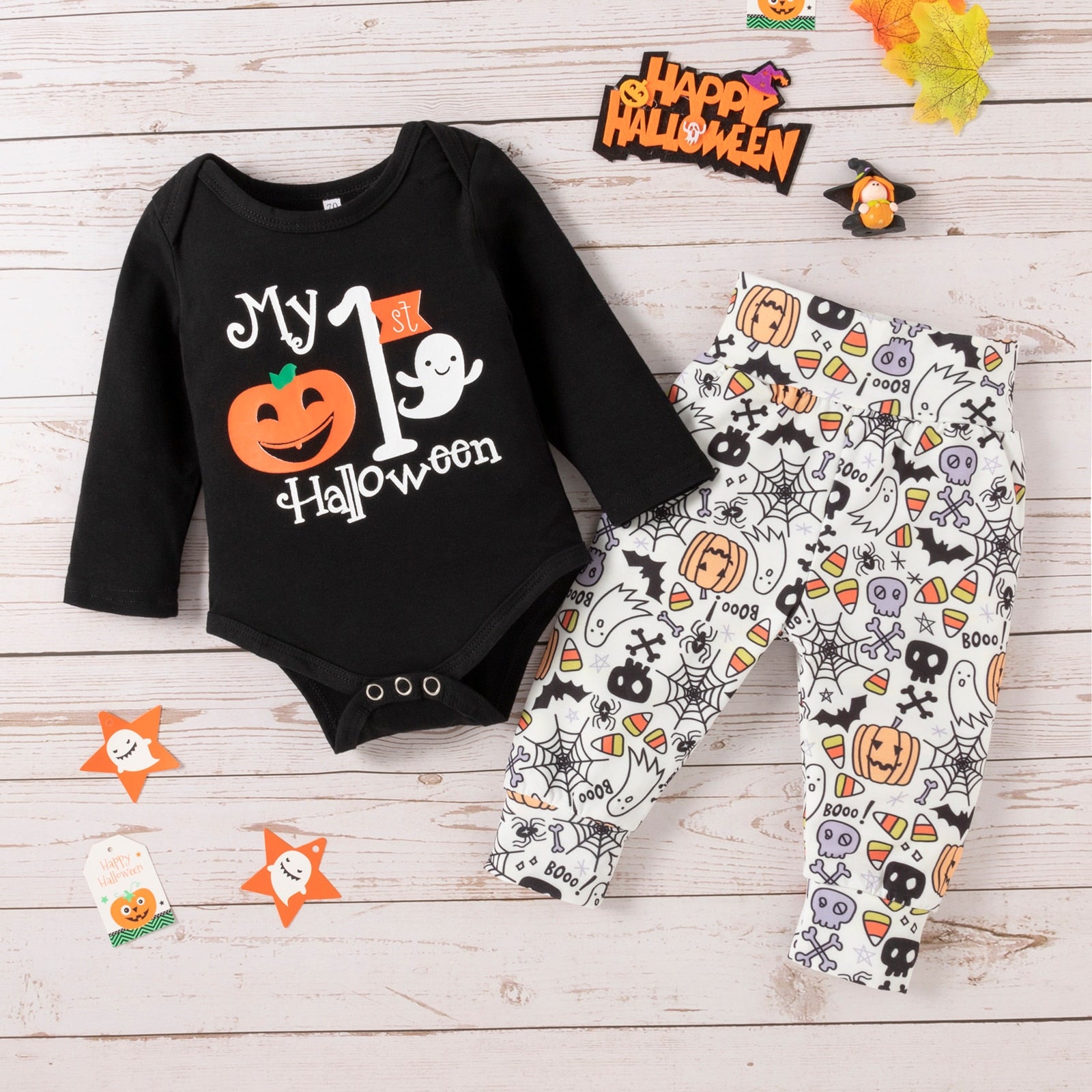 0-18M Newborn Baby Halloween Pumpkin Letter Long Sleeves 2 Pcs Outfits Sets