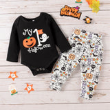 0-18M Newborn Baby Halloween Pumpkin Letter Long Sleeves 2 Pcs Outfits Sets