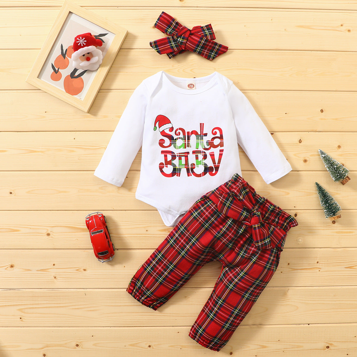 Baby Girls Christmas Long Sleeve Set Ins Plaid 3 Pcs Set
