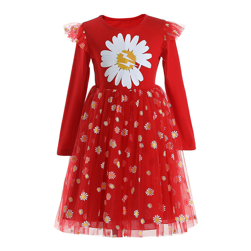 Girl Korean Gauze Sunflower Casual Dresses 3-10 Years