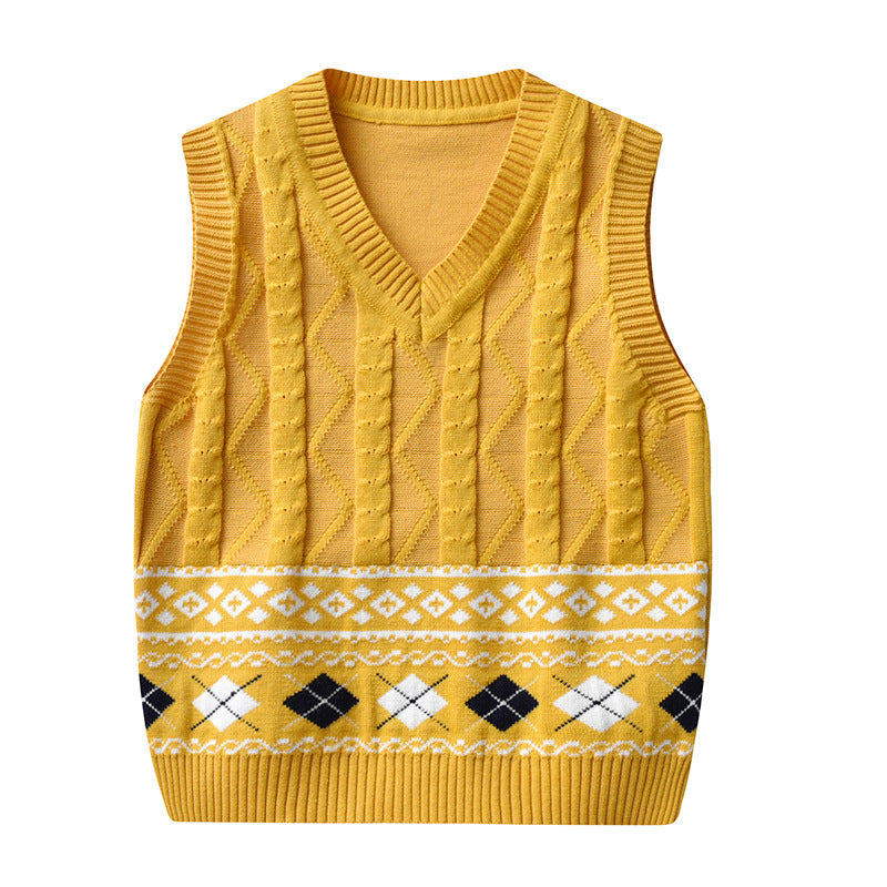 Kid Baby Boy Round Neck Jacquard Knit Waistcoat Pure Cotton Sweater Vest