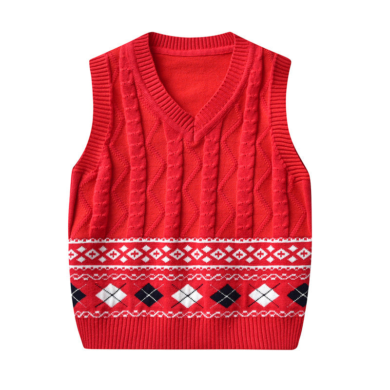 Kid Baby Boy Round Neck Jacquard Knit Waistcoat Pure Cotton Sweater Vest