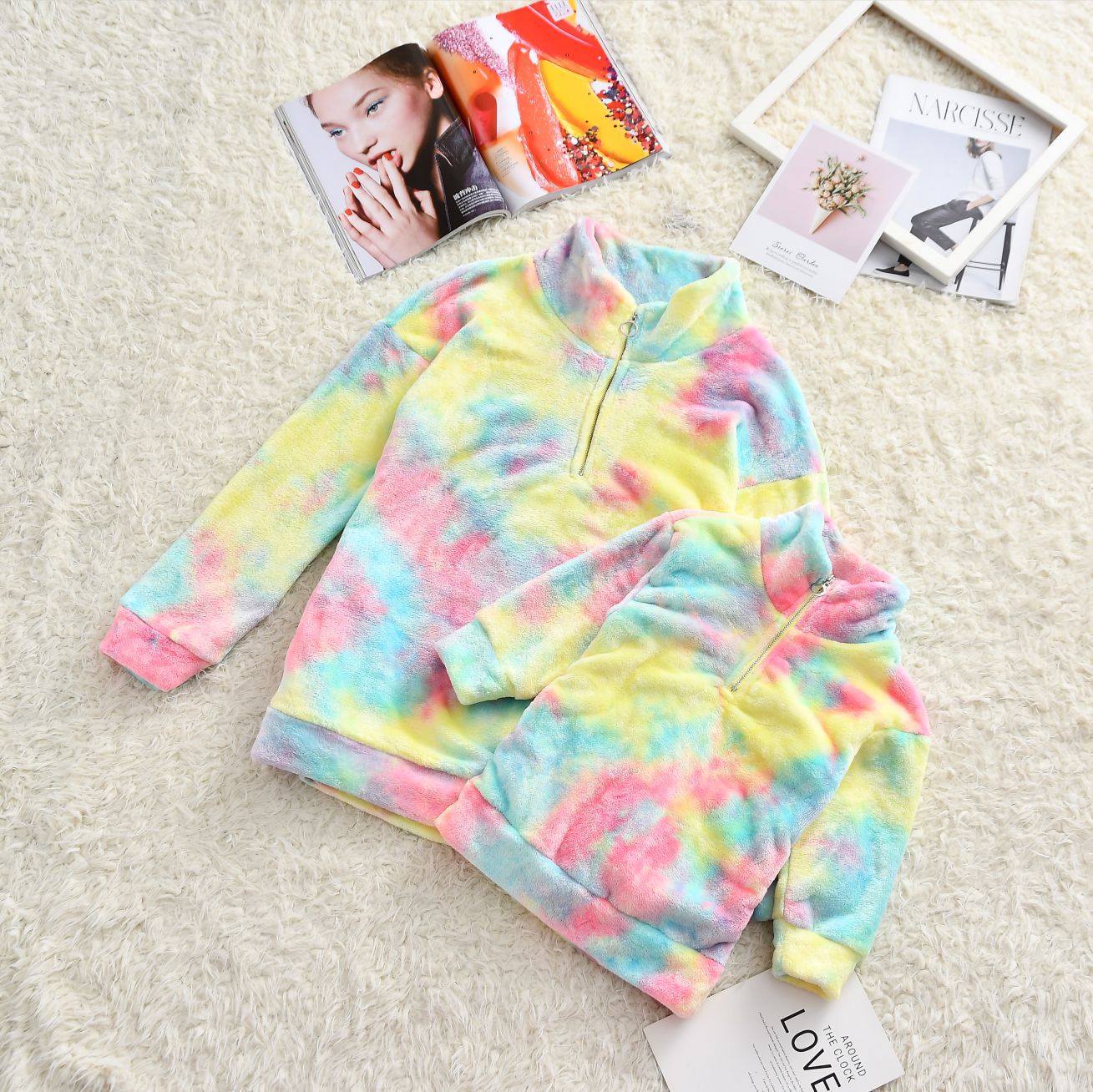 Family Matching Stand-up Collar Double-sided Plush Tie Parent-child Sweatshirt