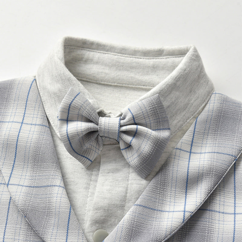 Baby Boy Jumpsuit Gentleman Bow Tie Crawl Plaid Rompers