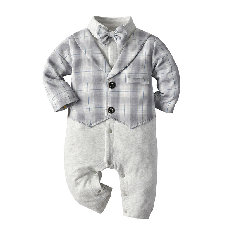 Baby Boy Jumpsuit Gentleman Bow Tie Crawl Plaid Rompers
