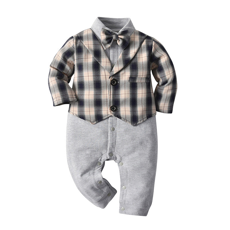 Baby Boy Jumpsuit Gentleman Bow Tie Crawl Plaid Rompers