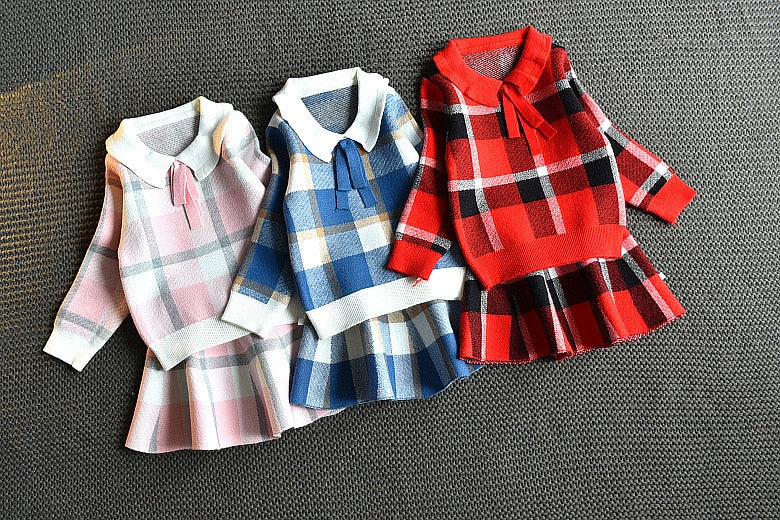 Kind Baby Mädchen Stricken Set Winter Mode Plaid 2 Pcs