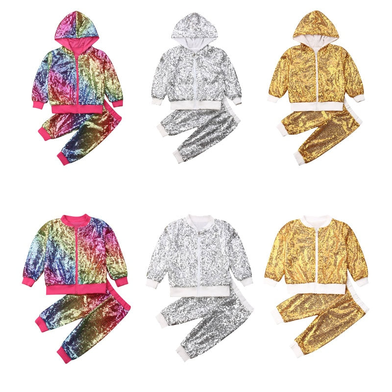 Toddler Kids Girls Outfits Shiny Hooded Zipper Sequin Tops+Bottoms 2 Pcs