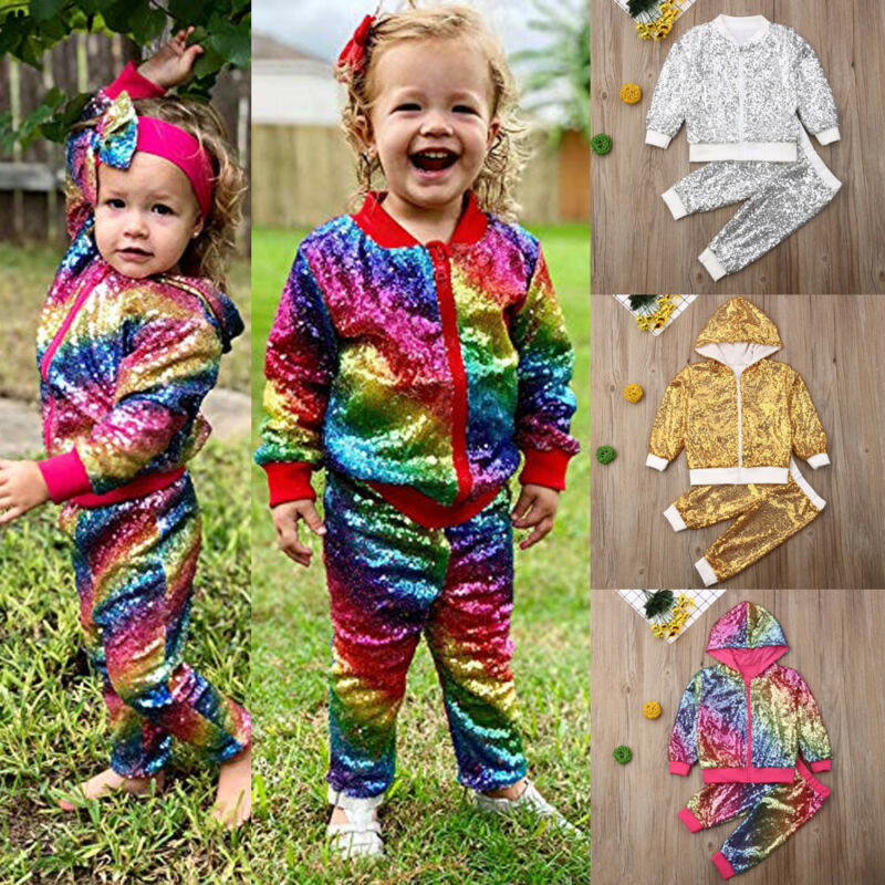 Toddler Kids Girls Outfits Shiny Hooded Zipper Sequin Tops+Bottoms 2 Pcs