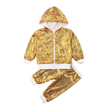 Toddler Kids Girls Outfits Shiny Hooded Zipper Sequin Tops+Bottoms 2 Pcs