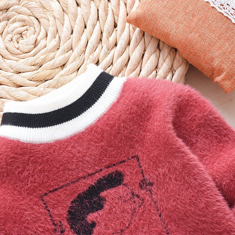 Kids Girl Autumn Winter Knit Sweater Hooded Velvet Cartoon Sweater
