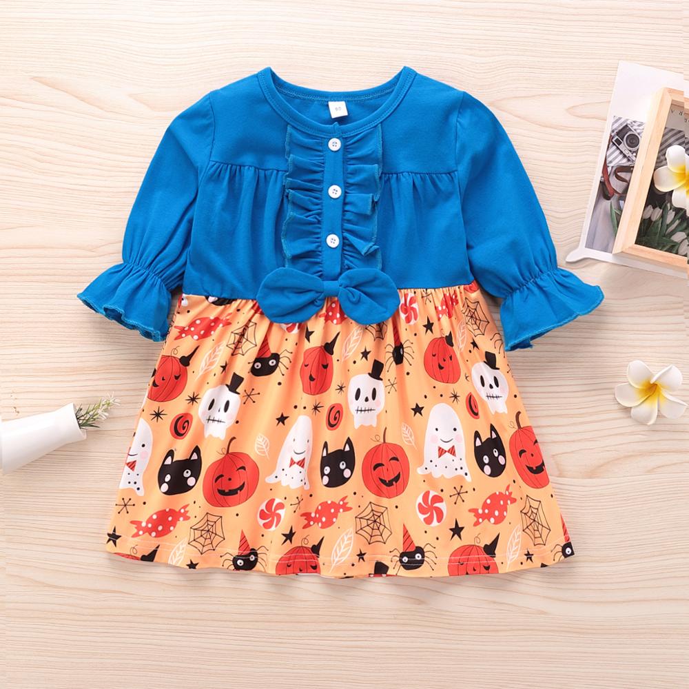 Kids Girl Halloween Long Sleeve A-line Flower Print Dress For 2-7 Years