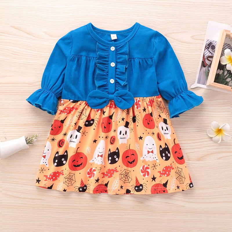 Kids Girl Halloween Long Sleeve A-line Flower Print Dress For 2-7 Years