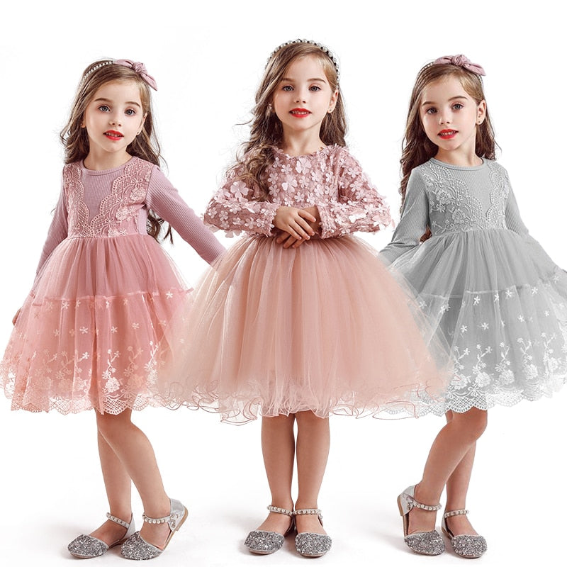 Autumn Winter Girls Princess Flower Ball Gown Party Dresses