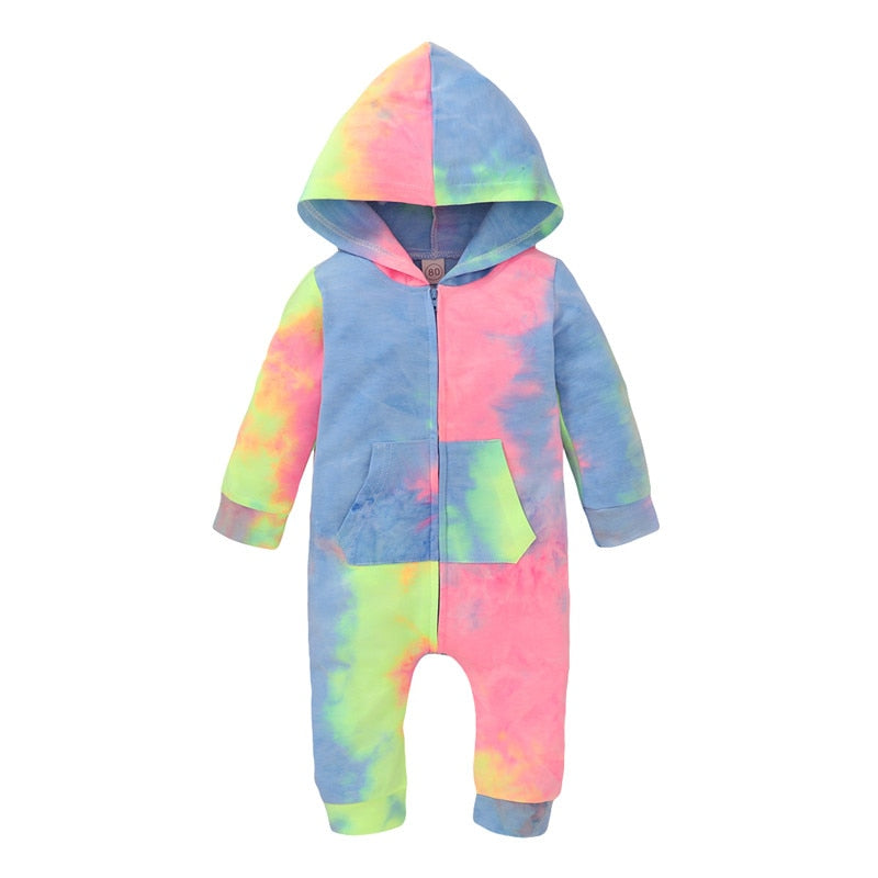 Infant Baby Kid Tie Dyeing Long Sleeve Hooded Zipper Romper