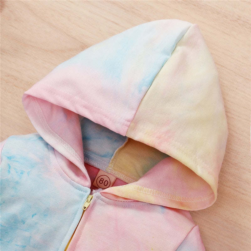 Infant Baby Kid Tie Dyeing Long Sleeve Hooded Zipper Romper