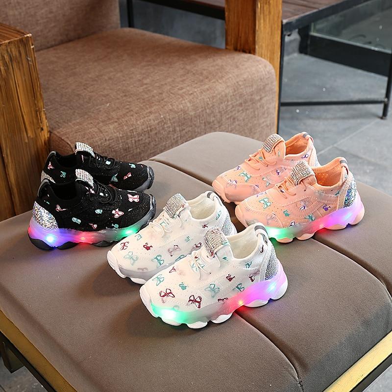 Baby Girl Butterfly Crystal Led Luminous casual breathable Glowing Sneakers Shoes