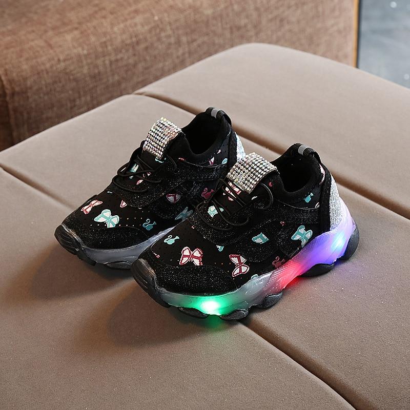 Baby Girl Butterfly Crystal Led Luminous casual breathable Glowing Sneakers Shoes