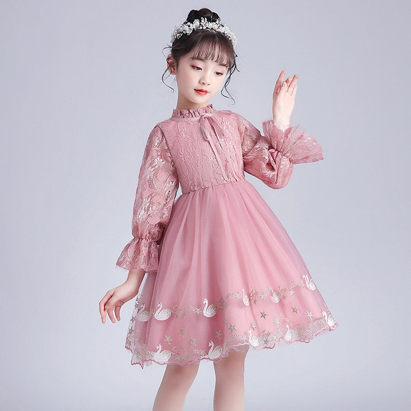 Girls Embriodery Lace Flower Birthday Party Formal Dresses