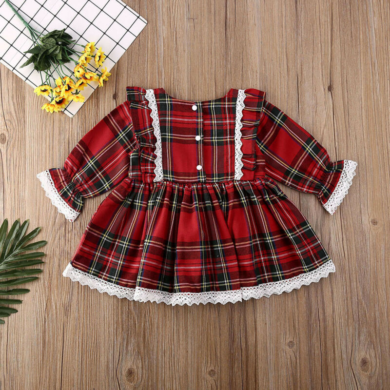 Toddler Kids Baby Girl Princess Red Plaid Ruffles Lace Tutu Dresses 1-6Y