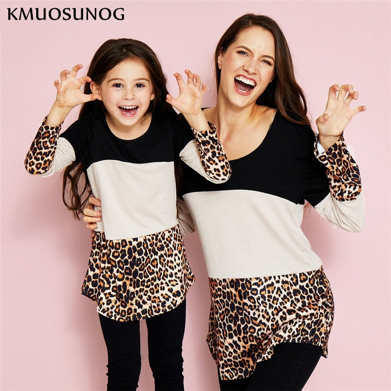 Family Look Matching Mother Daughter Leopard Patchwork T-shirt Tops
