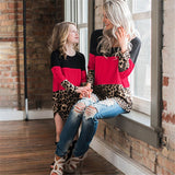 Family Look Matching Mother Daughter Leopard Patchwork T-shirt Tops