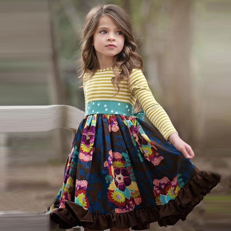 Girls Spring Autum Dress Kids Flower Pastoral Striped Dresses 3-12 Years