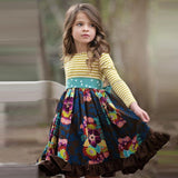 Girls Spring Autum Dress Kids Flower Pastoral Striped Dresses 3-12 Years