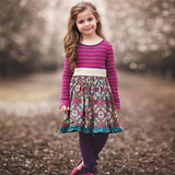 Girls Spring Autum Dress Kids Flower Pastoral Striped Dresses 3-12 Years
