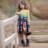 Girls Spring Autum Dress Kids Flower Pastoral Striped Dresses 3-12 Years