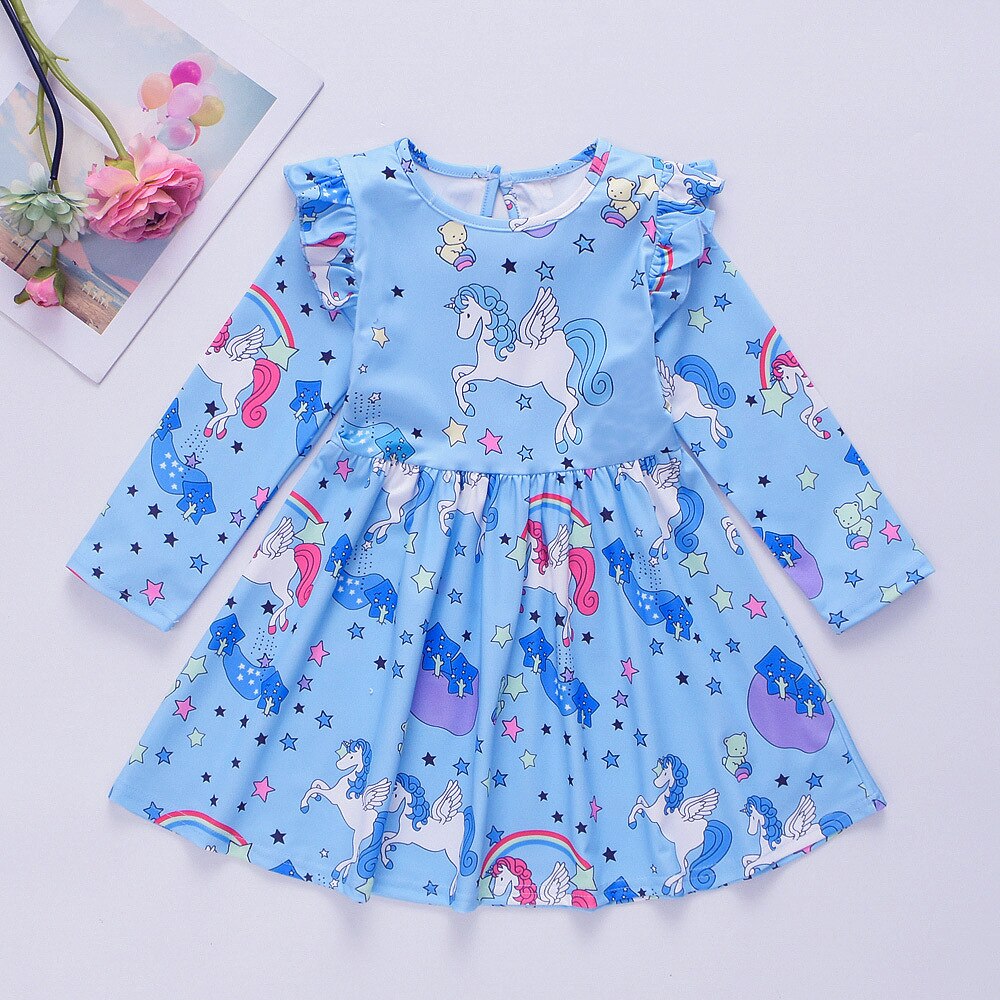 Girl Dress Cartoon Horse Rainbow Unicorn Wings Pegasus Dresses 1-6 Years