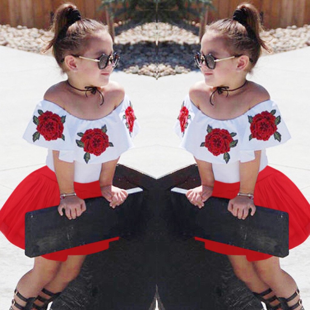 Summer Toddler Girls Off Shoulder Rose Embroidery Tops+Solid Tulle Skirts Outfits - honeylives