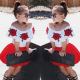 Summer Toddler Girls Off Shoulder Rose Embroidery Tops+Solid Tulle Skirts Outfits - honeylives