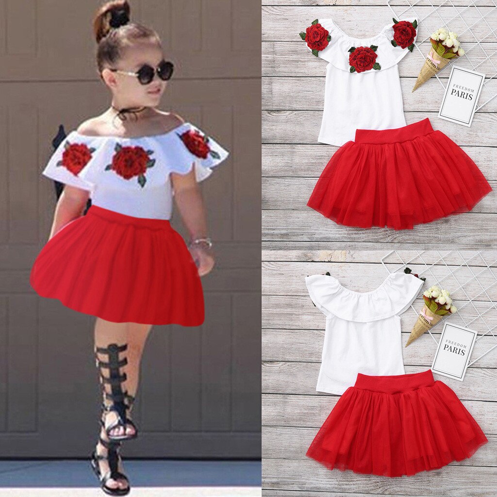 Summer Toddler Girls Off Shoulder Rose Embroidery Tops+Solid Tulle Skirts Outfits - honeylives