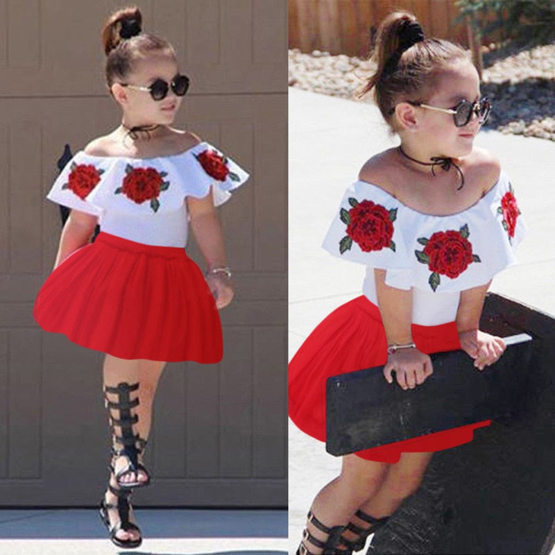 Summer Toddler Girls Off Shoulder Rose Embroidery Tops+Solid Tulle Skirts Outfits - honeylives