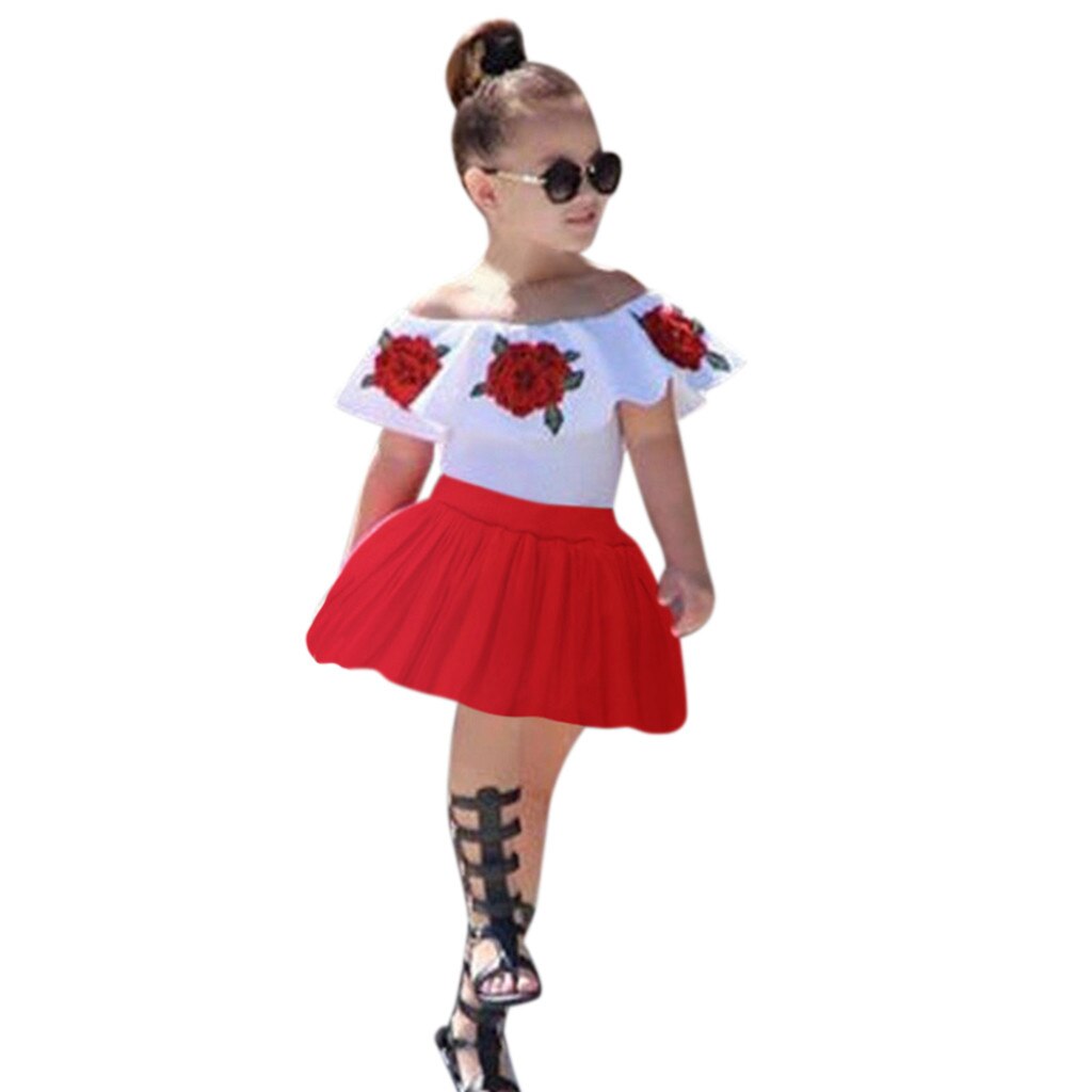 Summer Toddler Girls Off Shoulder Rose Embroidery Tops+Solid Tulle Skirts Outfits - honeylives