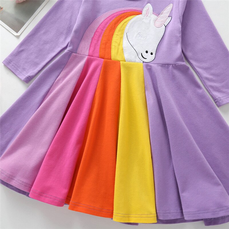Kids Girl Rainbow Long-sleeved Cartoon Embroidered Cusual  Dresses 2-7 Years