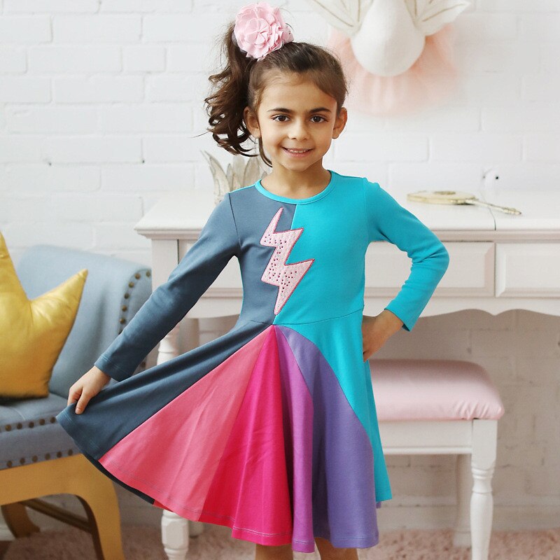 Kids Girl Rainbow Long-sleeved Cartoon Embroidered Cusual  Dresses 2-7 Years