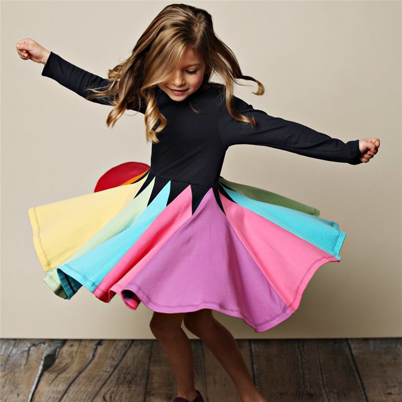 Kids Girl Rainbow Long-sleeved Cartoon Embroidered Cusual  Dresses 2-7 Years