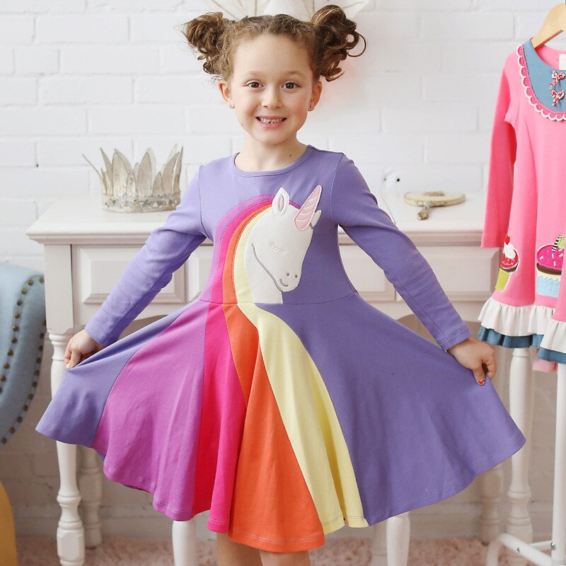 Kids Girl Rainbow Long-sleeved Cartoon Embroidered Cusual  Dresses 2-7 Years