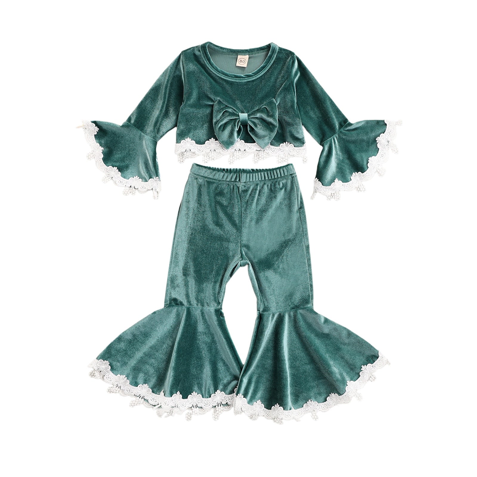 Baby Girls Lace Long Sleeve Flare Velvet Valentine 2 Pcs Sets