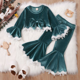 Baby Girls Lace Long Sleeve Flare Velvet Valentine 2 Pcs Sets