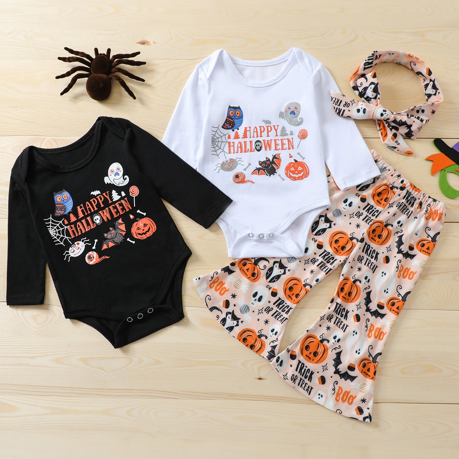 0-24M Baby Girl Halloween Pumpkin Print Long Sleeve Flared 3 Pcs Sets